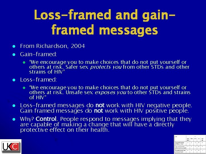 Loss-framed and gainframed messages l l From Richardson, 2004 Gain-framed: l l Loss-framed: l Loss-framed and gainframed messages l l From Richardson, 2004 Gain-framed: l l Loss-framed: l