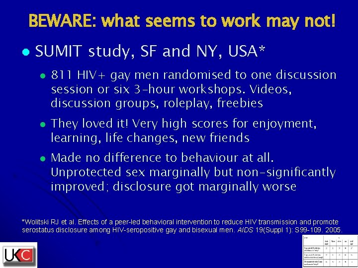 BEWARE: what seems to work may not! l SUMIT study, SF and NY, USA*