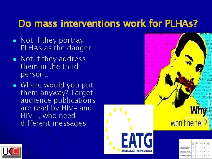 Do mass interventions work for PLHAs? l l l Not if they portray PLHAs