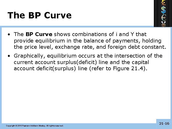 The BP Curve • The BP Curve shows combinations of i and Y that The BP Curve • The BP Curve shows combinations of i and Y that