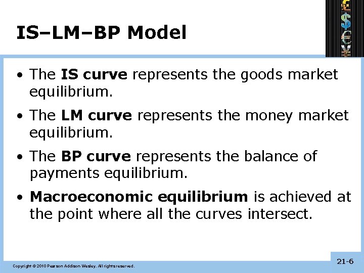 IS–LM–BP Model • The IS curve represents the goods market equilibrium. • The LM