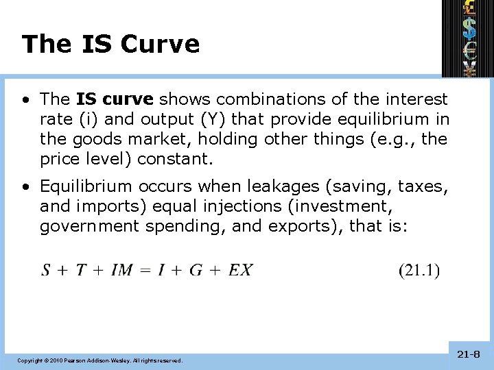 The IS Curve • The IS curve shows combinations of the interest rate (i)