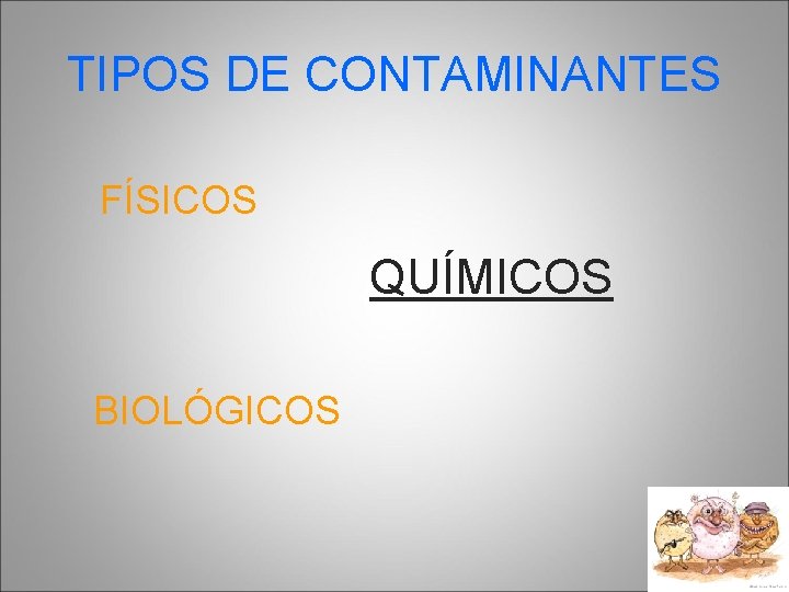 TIPOS DE CONTAMINANTES FÍSICOS QUÍMICOS BIOLÓGICOS 