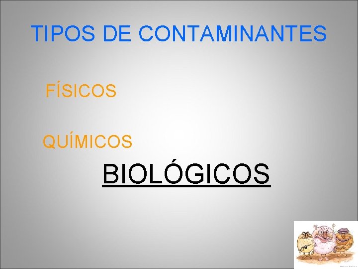 TIPOS DE CONTAMINANTES FÍSICOS QUÍMICOS BIOLÓGICOS 