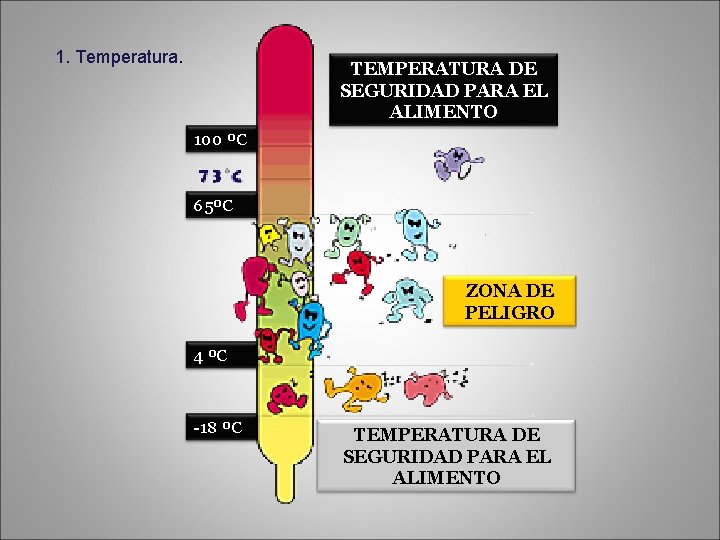 1. Temperatura. TEMPERATURA DE SEGURIDAD PARA EL ALIMENTO 100 ºC 65ºC ZONA DE PELIGRO