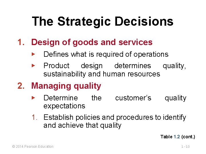 The Strategic Decisions 1. Design of goods and services ▶ Defines what is required