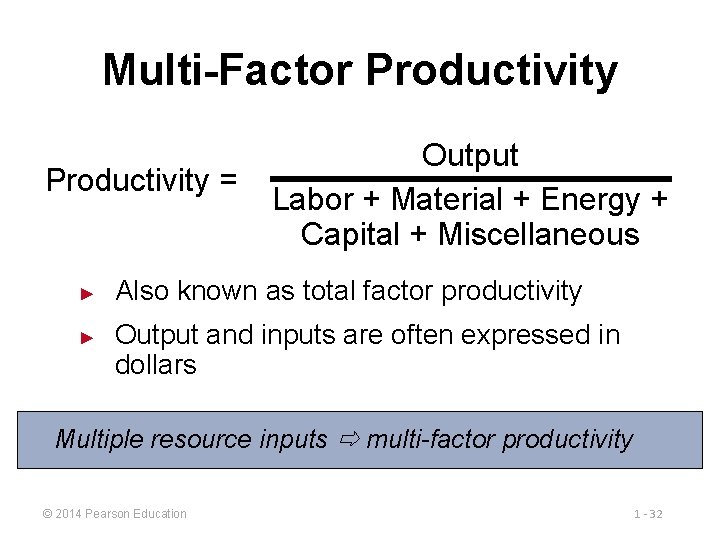 Multi-Factor Productivity = ► ► Output Labor + Material + Energy + Capital +