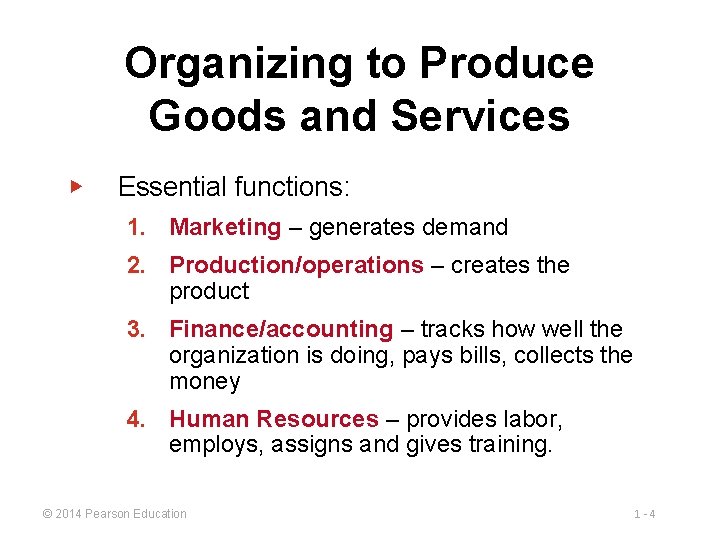Organizing to Produce Goods and Services ▶ Essential functions: 1. Marketing – generates demand
