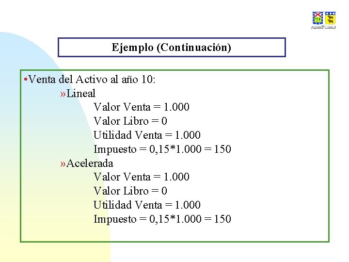 Ejemplo (Continuación) • Venta del Activo al año 10: » Lineal Valor Venta =