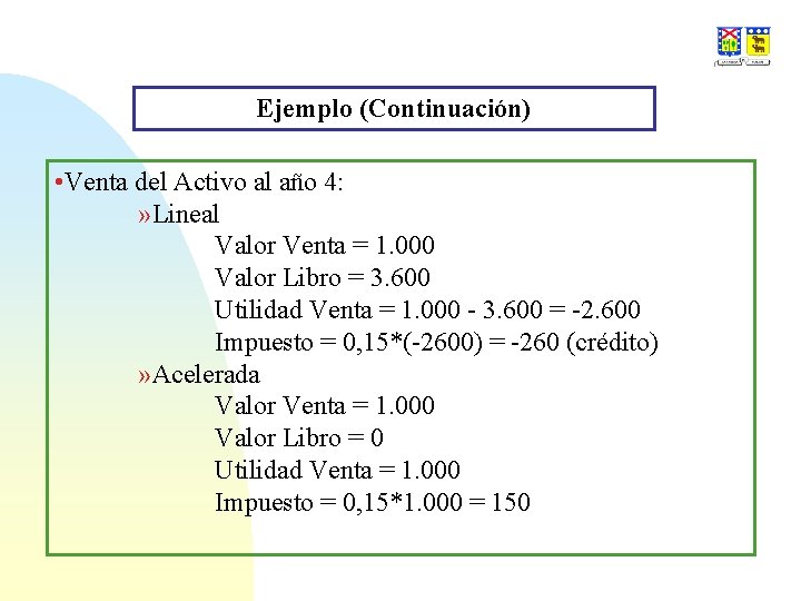 Ejemplo (Continuación) • Venta del Activo al año 4: » Lineal Valor Venta =