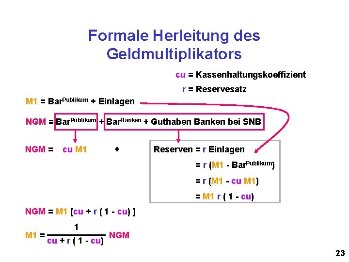 Formale Herleitung des Geldmultiplikators cu = Kassenhaltungskoeffizient r = Reservesatz M 1 = Bar.