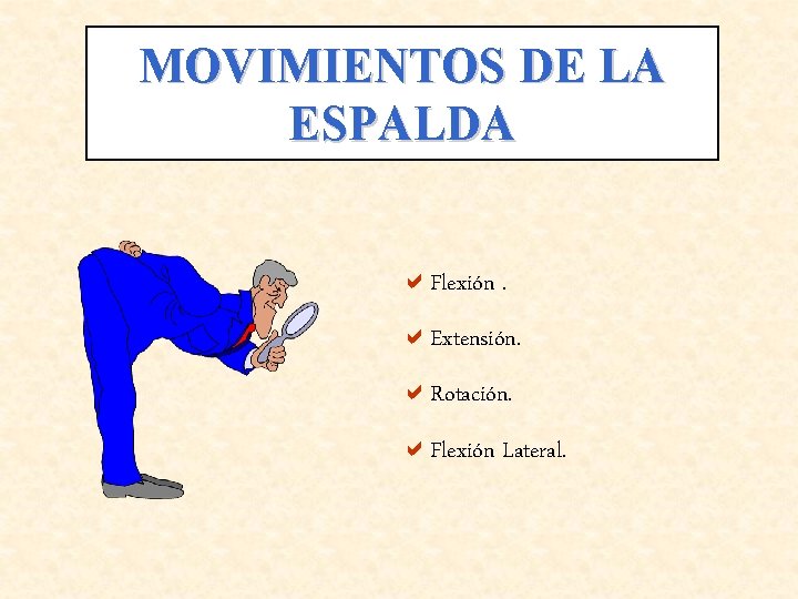 MOVIMIENTOS DE LA ESPALDA a. Flexión. a. Extensión. a. Rotación. a. Flexión Lateral. 