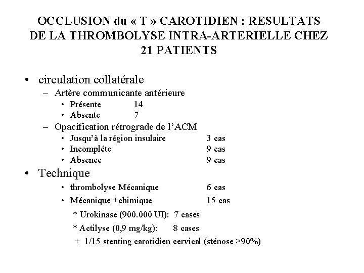 OCCLUSION du « T » CAROTIDIEN : RESULTATS DE LA THROMBOLYSE INTRA-ARTERIELLE CHEZ 21