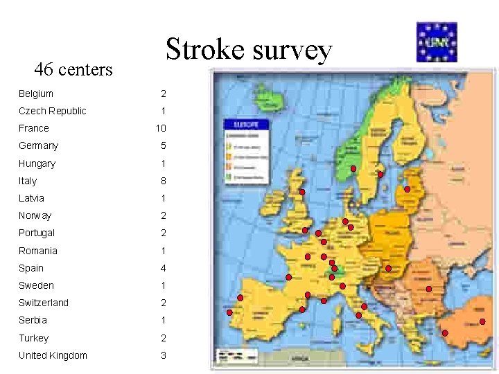 46 centers Stroke survey Belgium 2 Czech Republic 1 France 10 Germany 5 Hungary