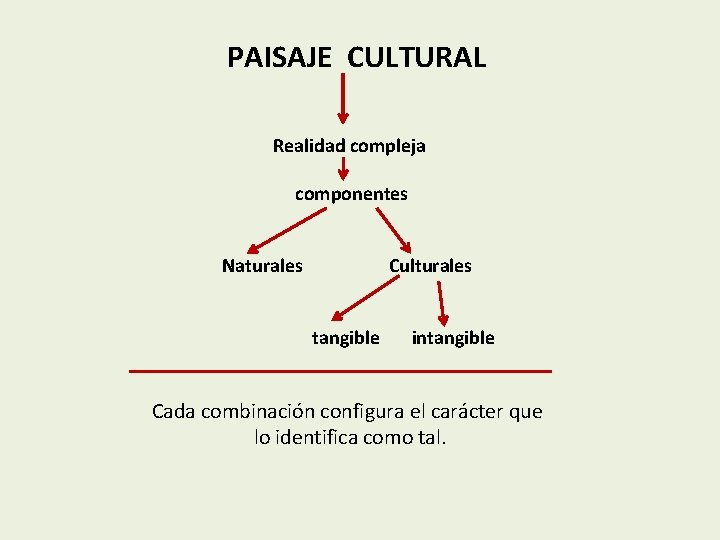 PAISAJE CULTURAL Realidad compleja componentes Naturales Culturales tangible intangible Cada combinación configura el carácter