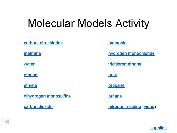 Molecular Models Activity carbon tetrachloride ammonia methane hydrogen monochloride water trichloromethane urea ethyne propane