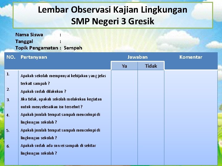 Lembar Observasi Kajian Lingkungan SMP Negeri 3 Gresik Nama Siswa : Tanggal : Topik