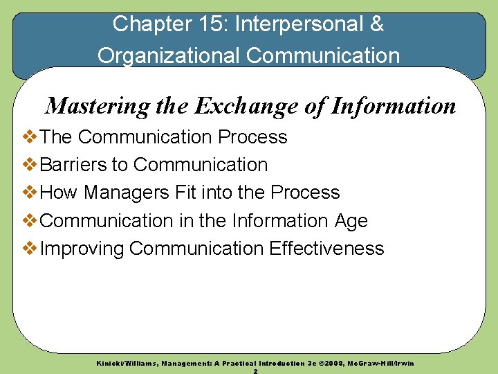 Chapter 15: Interpersonal & Organizational Communication Mastering the Exchange of Information v. The Communication Chapter 15: Interpersonal & Organizational Communication Mastering the Exchange of Information v. The Communication