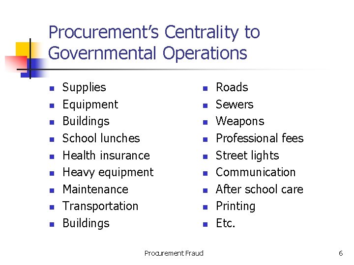 Procurement’s Centrality to Governmental Operations n n n n n Supplies Equipment Buildings School