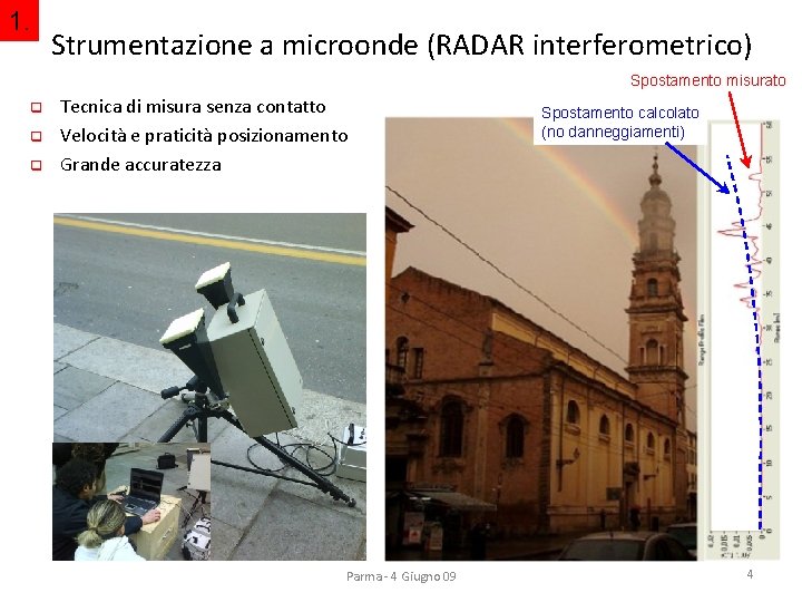 1. Strumentazione a microonde (RADAR interferometrico) Spostamento misurato q q q Tecnica di misura 1. Strumentazione a microonde (RADAR interferometrico) Spostamento misurato q q q Tecnica di misura