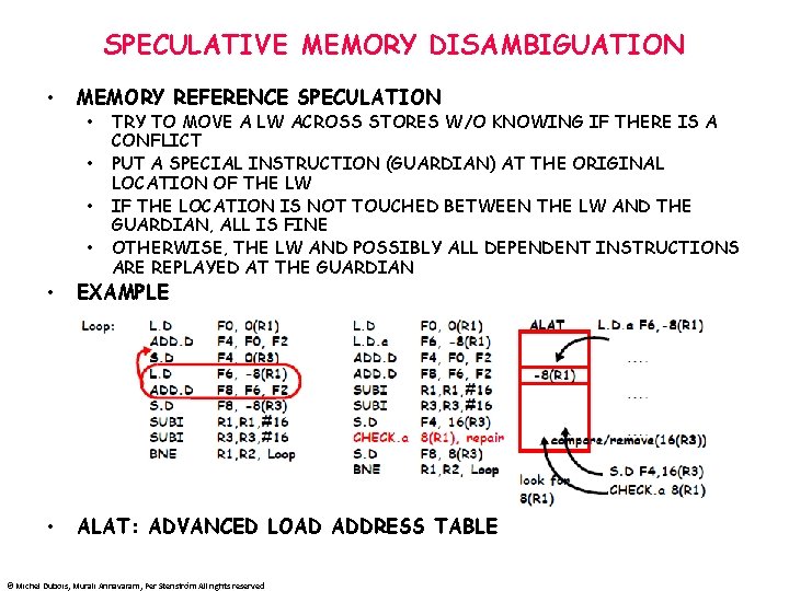 SPECULATIVE MEMORY DISAMBIGUATION • MEMORY REFERENCE SPECULATION • • TRY TO MOVE A LW