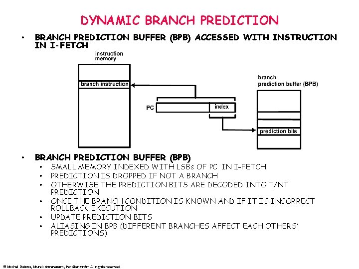 DYNAMIC BRANCH PREDICTION • BRANCH PREDICTION BUFFER (BPB) ACCESSED WITH INSTRUCTION IN I-FETCH •