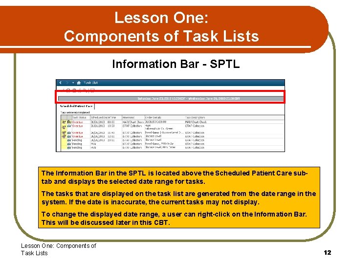 Lesson One: Components of Task Lists Information Bar - SPTL The Information Bar in