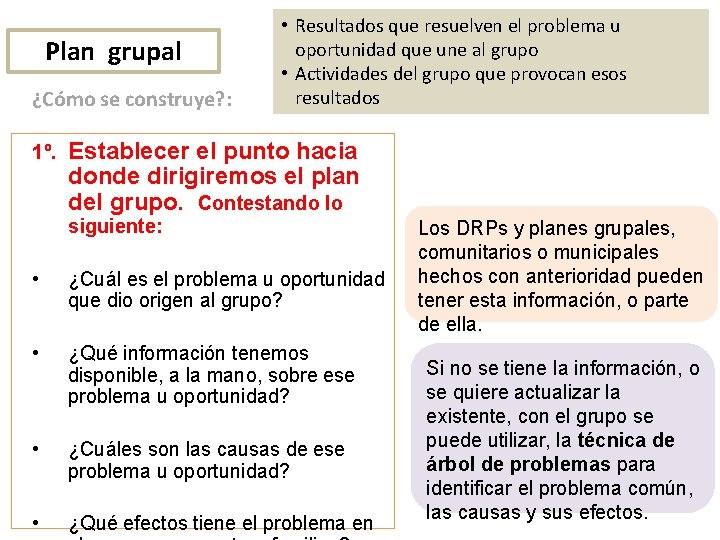 Plan grupal ¿Cómo se construye? : 1º. • Resultados que resuelven el problema u