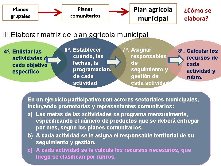 Planes grupales Planes comunitarios Plan agrícola municipal ¿Cómo se elabora? III. Elaborar matriz de