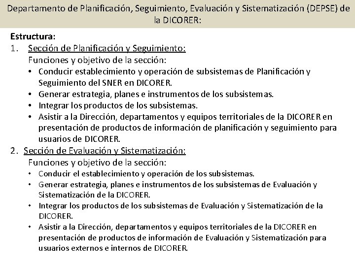  Departamento de Planificación, Seguimiento, Evaluación y Sistematización (DEPSE) de la DICORER: Estructura: 1.