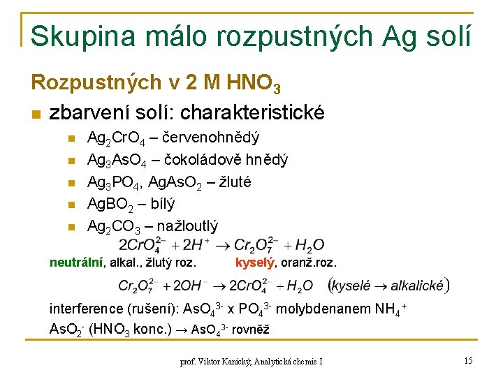 Skupina málo rozpustných Ag solí Rozpustných v 2 M HNO 3 n zbarvení solí: