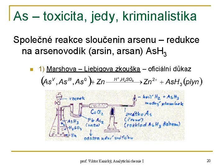 As – toxicita, jedy, kriminalistika Společné reakce sloučenin arsenu – redukce na arsenovodík (arsin,