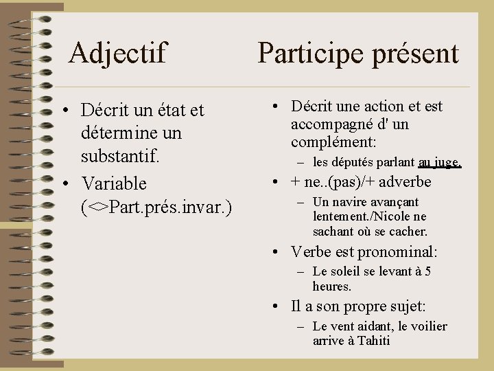 Adjectif • Décrit un état et détermine un substantif. • Variable (<>Part. prés. invar.