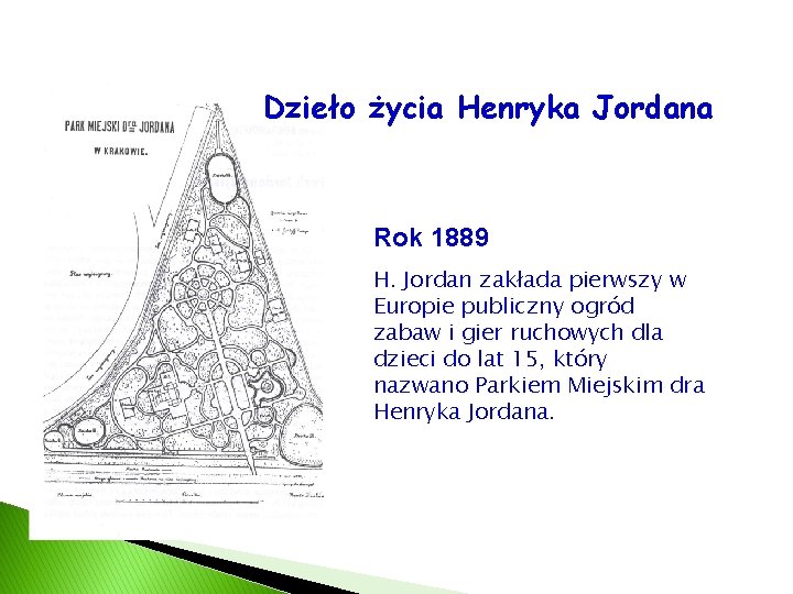 Dzieło życia Henryka Jordana Rok 1889 H. Jordan zakłada pierwszy w Europie publiczny ogród