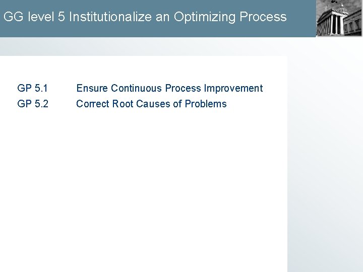 GG level 5 Institutionalize an Optimizing Process GP 5. 1 Ensure Continuous Process Improvement