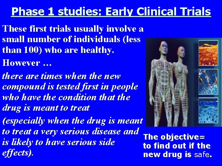 Phase 1 studies: Early Clinical Trials These first trials usually involve a small number