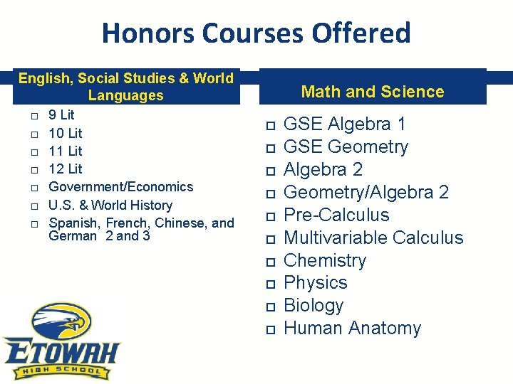 Honors Courses Offered English, Social Studies & World Languages 9 Lit 10 Lit 11