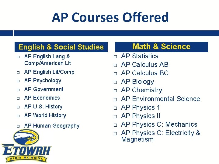 AP Courses Offered Math & Science English & Social Studies AP English Lang &