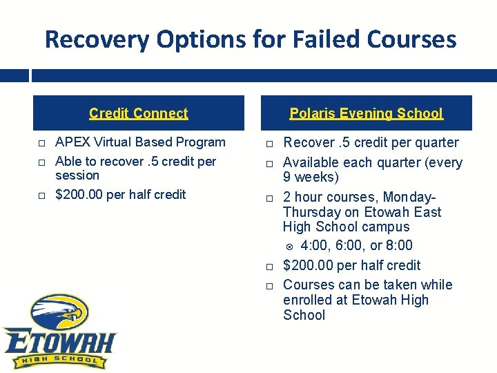 Recovery Options for Failed Courses Credit Connect APEX Virtual Based Program Able to recover.