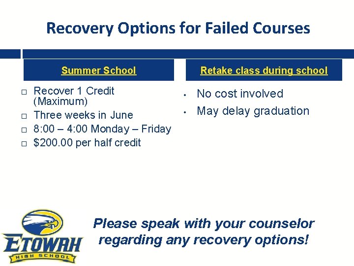 Recovery Options for Failed Courses Summer School Recover 1 Credit (Maximum) Three weeks in