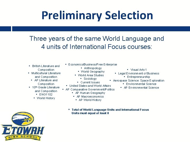 Preliminary Selection Three years of the same World Language and 4 units of International