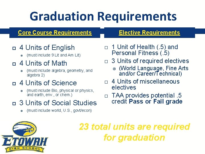 Graduation Requirements Core Course Requirements 4 Units of English (must include 9 Lit and