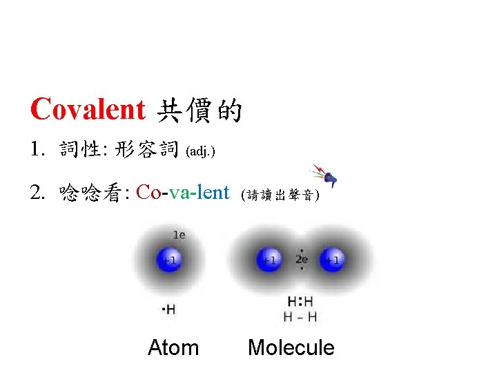 Covalent 共價的 1. 詞性: 形容詞 (adj. ) 2. 唸唸看: Co-va-lent Atom (請讀出聲音) Molecule 