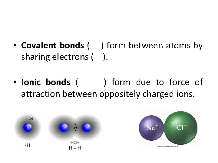  • Covalent bonds ( ) form between atoms by sharing electrons ( ).