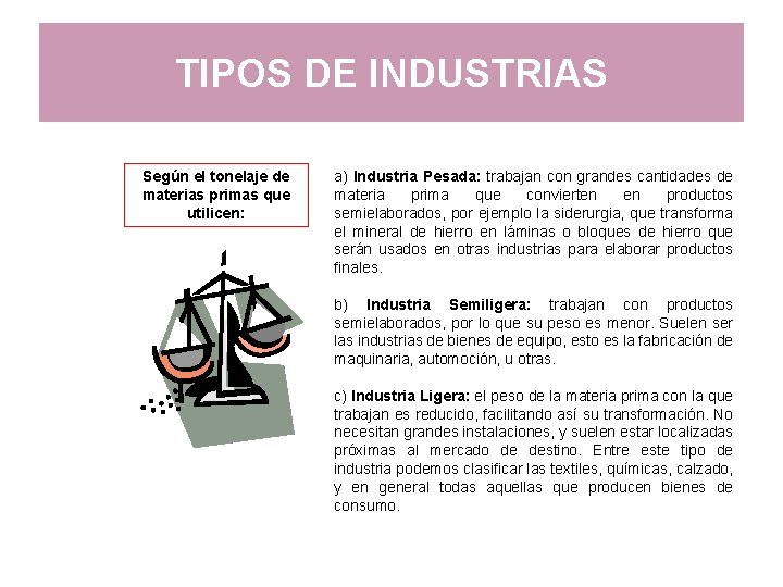 TIPOS DE INDUSTRIAS Según el tonelaje de materias primas que utilicen: a) Industria Pesada: