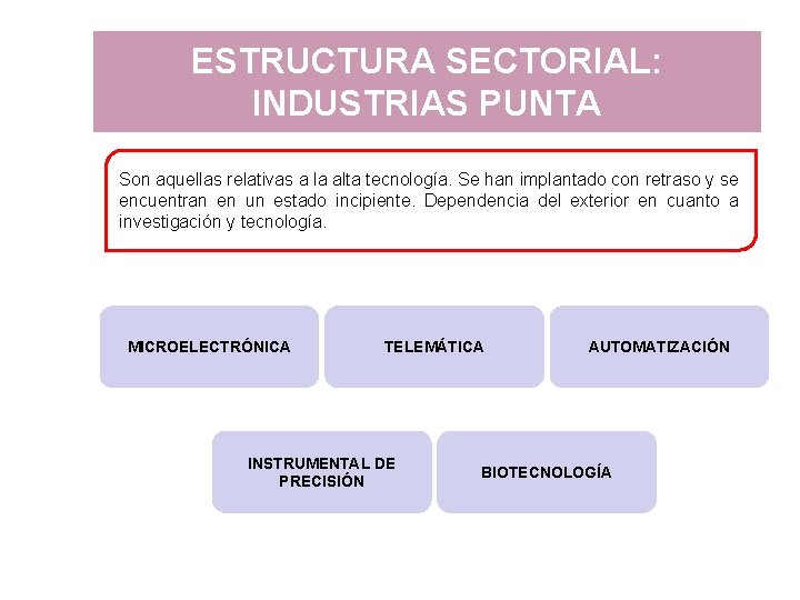 ESTRUCTURA SECTORIAL: INDUSTRIAS PUNTA Son aquellas relativas a la alta tecnología. Se han implantado