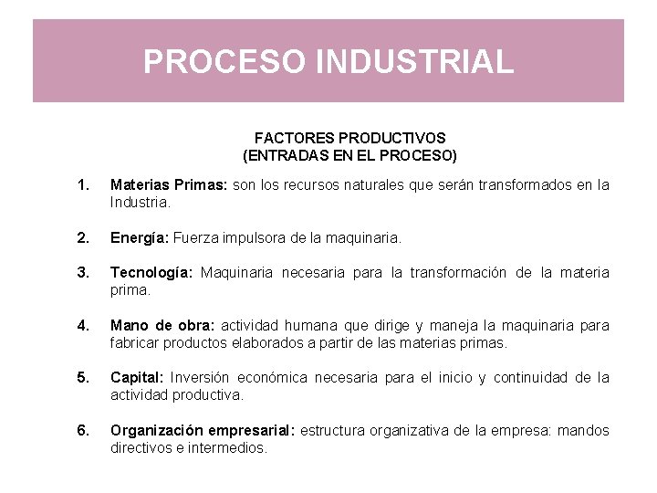 PROCESO INDUSTRIAL FACTORES PRODUCTIVOS (ENTRADAS EN EL PROCESO) 1. Materias Primas: son los recursos