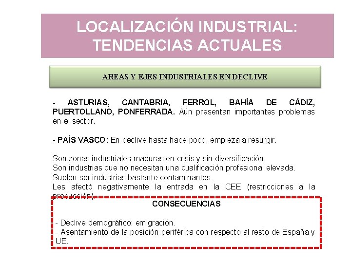 LOCALIZACIÓN INDUSTRIAL: TENDENCIAS ACTUALES AREAS Y EJES INDUSTRIALES EN DECLIVE ASTURIAS, CANTABRIA, FERROL, BAHÍA