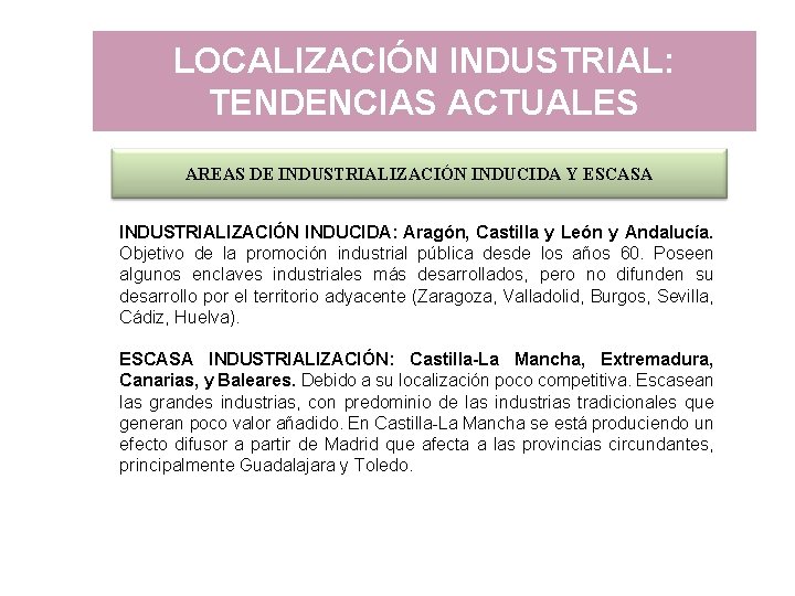 LOCALIZACIÓN INDUSTRIAL: TENDENCIAS ACTUALES AREAS DE INDUSTRIALIZACIÓN INDUCIDA Y ESCASA INDUSTRIALIZACIÓN INDUCIDA: Aragón, Castilla