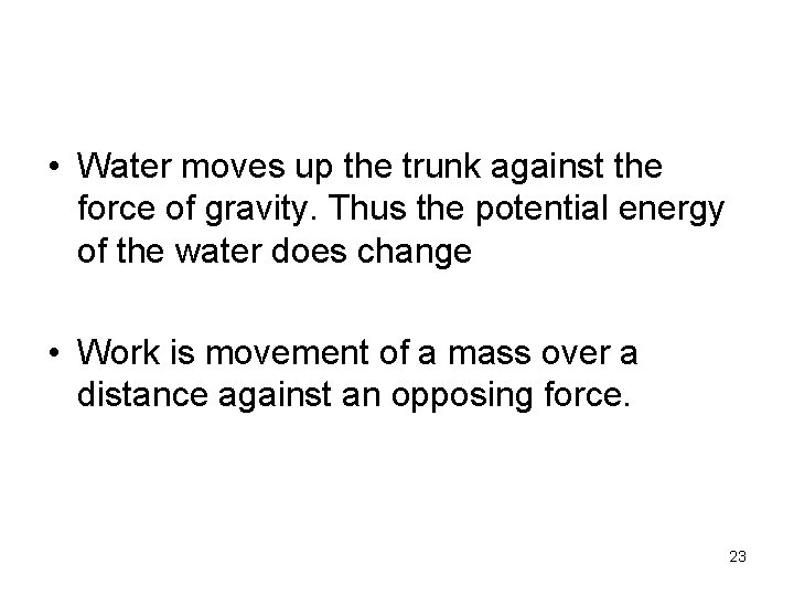  • Water moves up the trunk against the force of gravity. Thus the